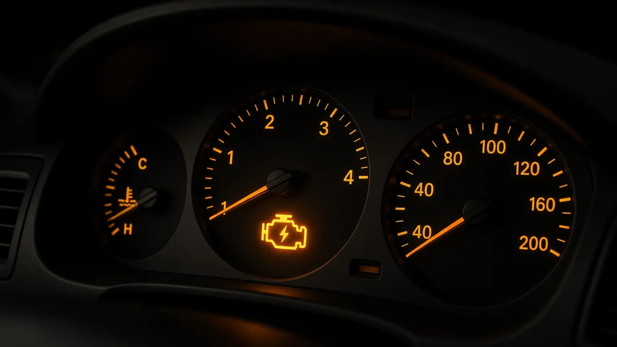 Foto panel instrumen mobil dengan lampu check engine berwarna oranye menyala di antara speedometer dan takometer