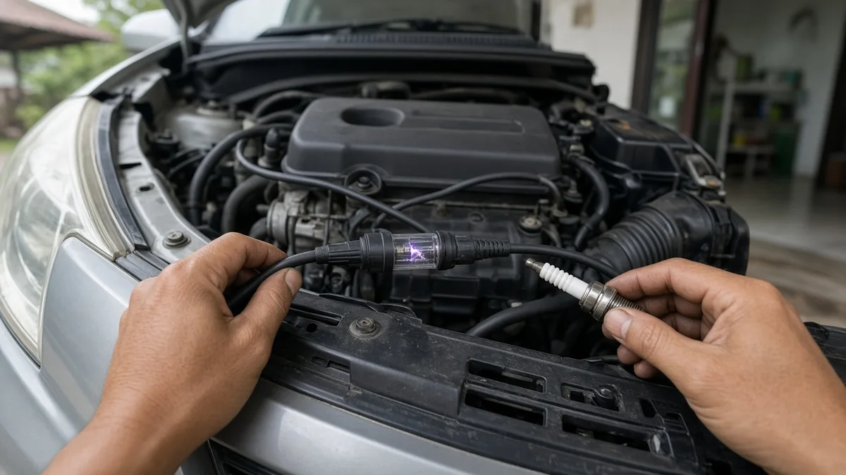 Foto kabel busi dan koil pada mesin bensin empat silinder