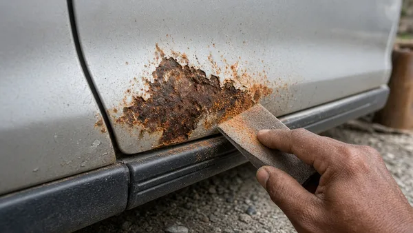 Foto bintik karat pada tepi spatbor mobil kompak di bawah cahaya alami