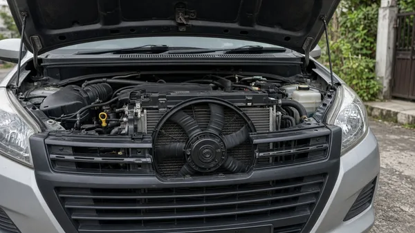 Foto kipas radiator listrik dan konektornya di ruang mesin mobil kompak