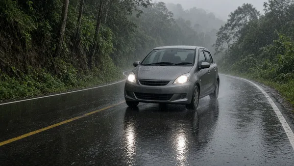 Foto mobil kompak melaju di jalan basah dengan lampu menyala saat hujan
