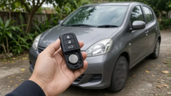 Foto remote kunci mobil dibuka dengan baterai koin di sampingnya