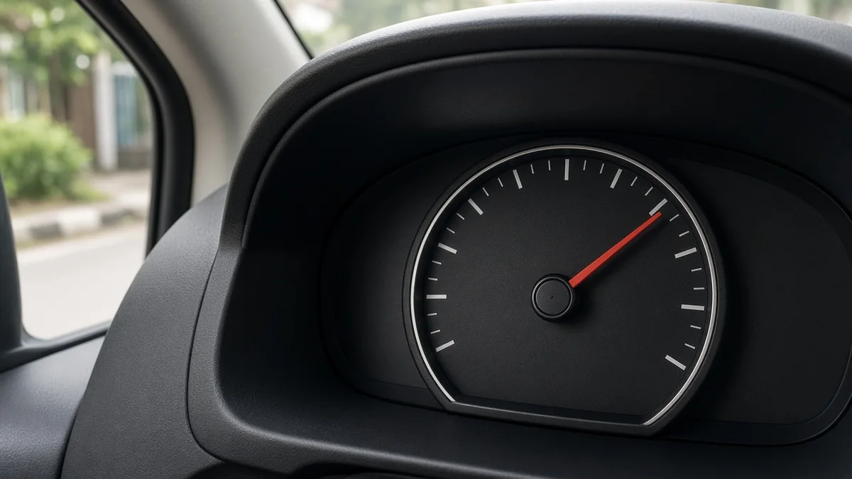 Foto panel instrumen mobil dengan jarum temperatur mesin di posisi tengah