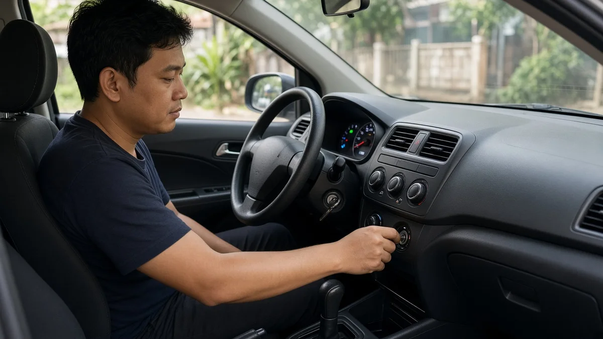Foto tangan memutar kunci kontak mobil di dasbor