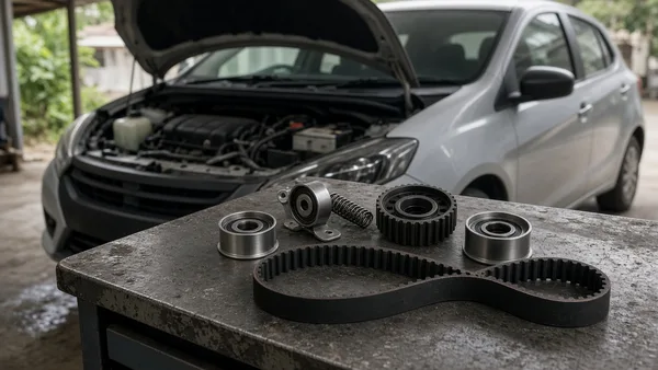 Foto timing belt baru dan pulley tensioner di atas meja bengkel