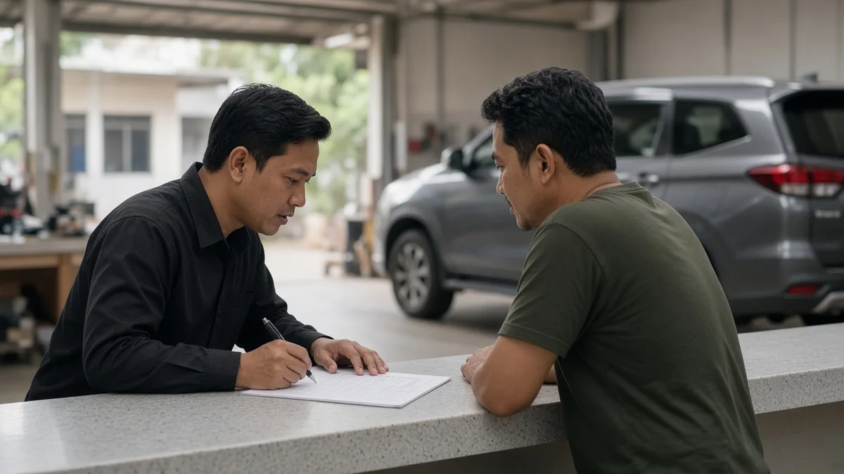 Foto daftar pekerjaan servis dan kalkulator di meja bengkel