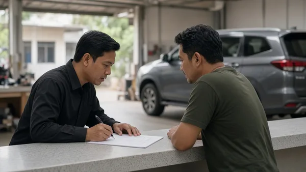 Foto daftar pekerjaan servis dan kalkulator di meja bengkel