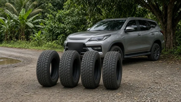 Foto empat ban SUV yang sama berjejer di toko ban