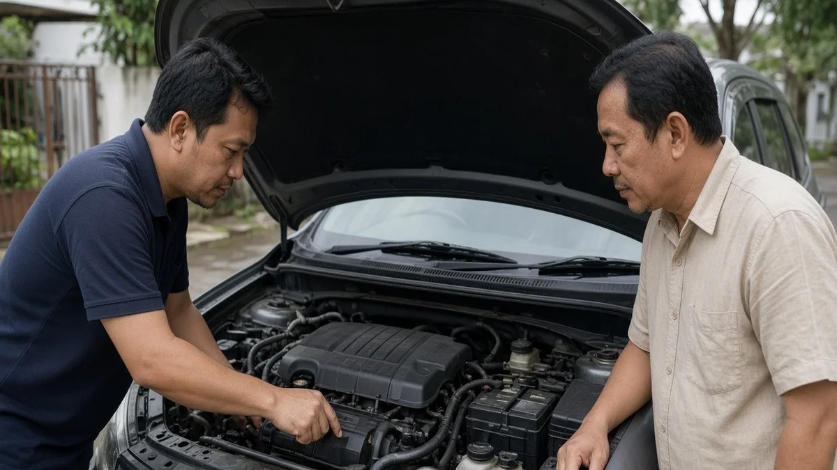 Foto SUV keluarga bekas dengan kap terbuka diperiksa calon pembeli di halaman showroom
