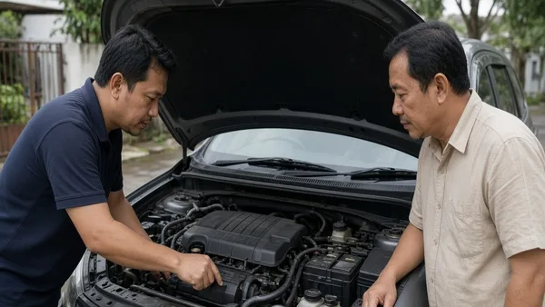 Foto SUV keluarga bekas dengan kap terbuka diperiksa calon pembeli di halaman showroom