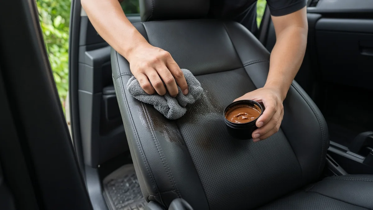 Foto jok kulit SUV dibersihkan dengan kain mikrofiber dan sikat lembut