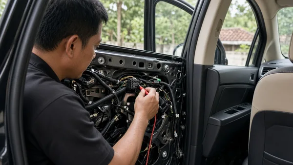 Foto teknisi memeriksa konektor kabel di dalam panel pintu mobil