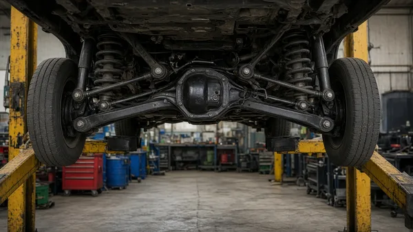 Foto suspensi belakang independen SUV dengan lengan-lengan dan per terlihat dari bawah