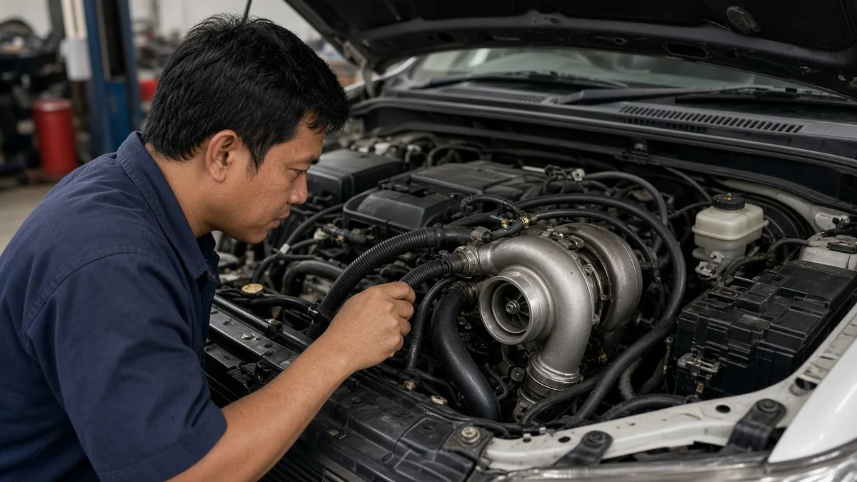 Foto selang vakum dan aktuator turbo di ruang mesin SUV diesel
