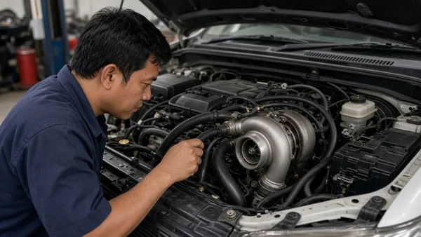 Foto selang vakum dan aktuator turbo di ruang mesin SUV diesel