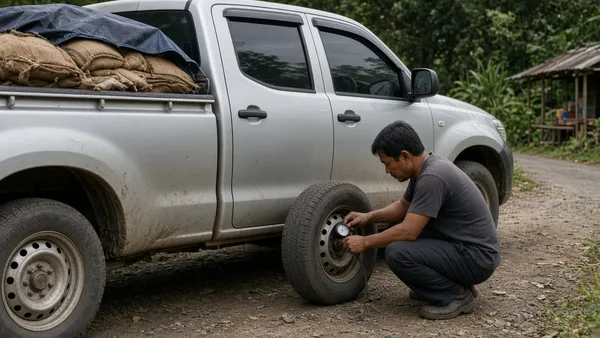 Foto dinding ban pikap memperlihatkan kode ukuran dan indeks beban