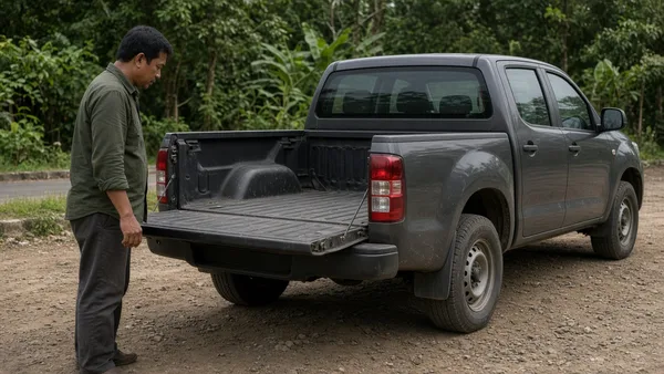 Foto pikap bekas dengan bak kosong diperiksa di halaman parkir