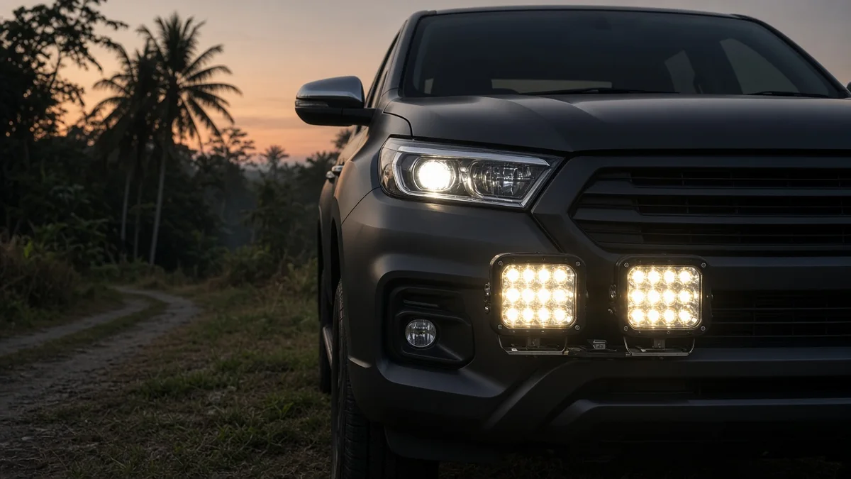 Foto lampu tambahan LED terpasang pada bumper depan pikap