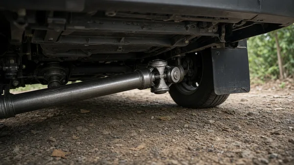 Foto propeller shaft dengan cross joint dan center bearing di bawah pikap