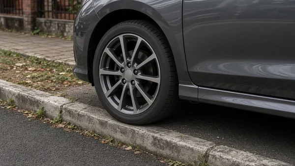 Foto ban profil rendah dan velg alloy sedan di jalan beraspal