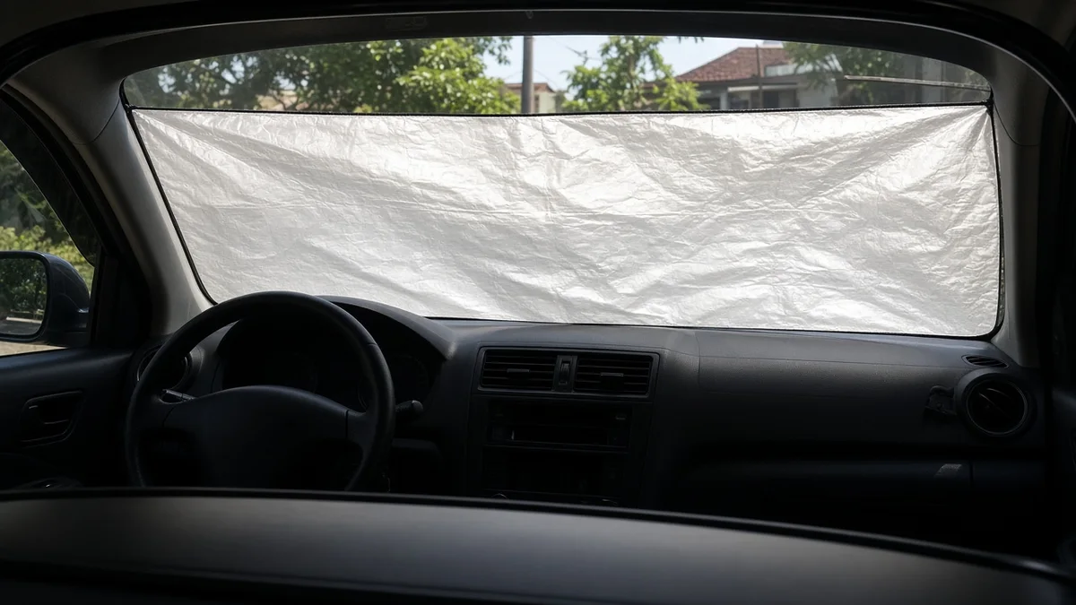Foto dasbor sedan dengan pelindung matahari terpasang di kaca depan