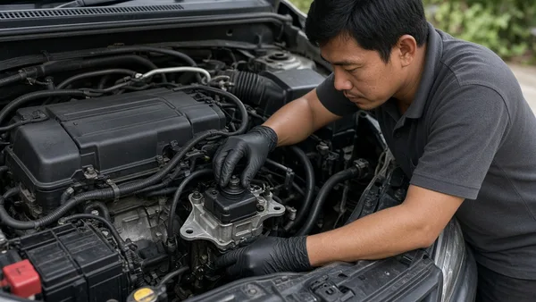 Foto dudukan karet mesin dan transmisi di ruang mesin sedan