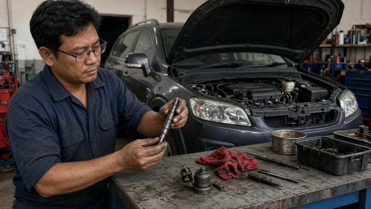 Foto mekanik memeriksa injektor diesel di meja kerja di depan SUV dengan kap terbuka