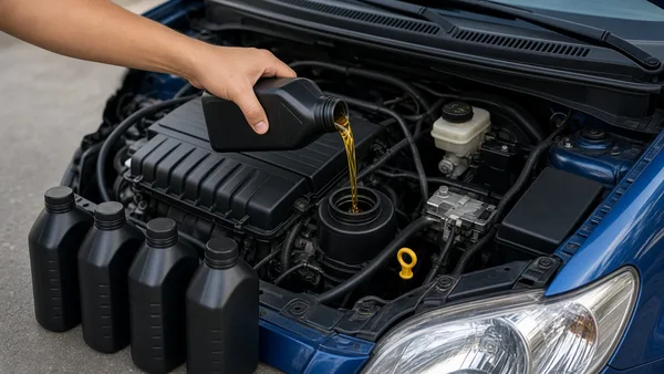 Foto oli mesin dituang ke ruang mesin mobil biru dengan beberapa botol oli di sampingnya
