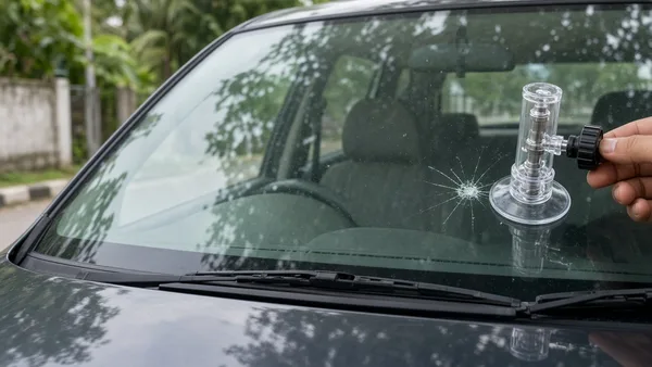 Foto gompal kecil pada kaca depan sedang diperbaiki dengan alat resin