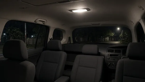 Foto lampu plafon LED menyala di dalam kabin MPV pada malam hari