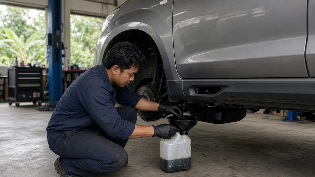 Foto mekanik mengganti oli MPV di bengkel yang bersih