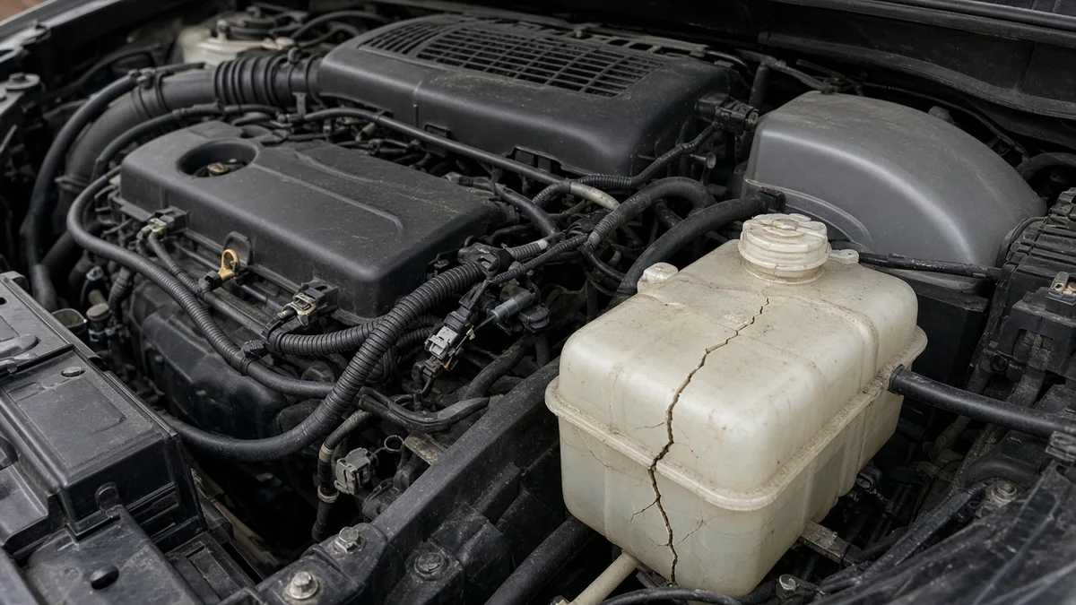 Foto tabung ekspansi coolant plastik yang retak di ruang mesin