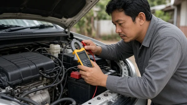 Foto multimeter terhubung seri pada terminal negatif aki untuk mengukur arus