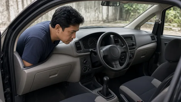 Foto hatchback kompak bekas diperiksa calon pembeli di area parkir