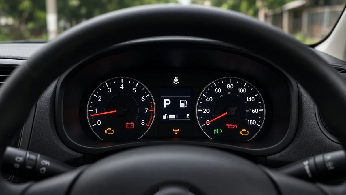 Foto panel instrumen mobil kompak dengan beberapa lampu indikator menyala saat kunci ON