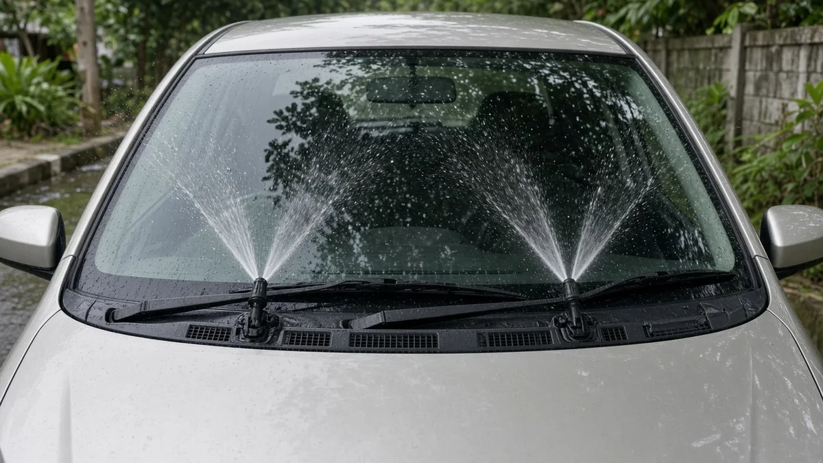 Foto nozzle washer kaca di kap mesin menyemprotkan cairan ke kaca depan