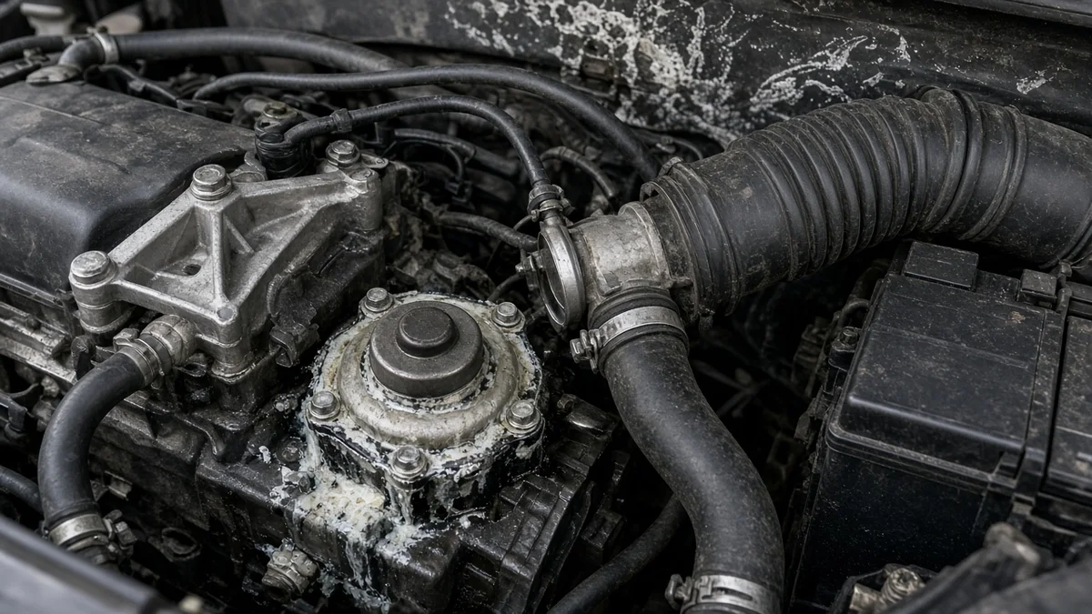 Foto pompa air mesin dengan bekas rembesan coolant berkerak