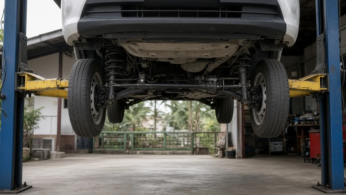 Foto komponen suspensi depan city car dilihat dari bawah di bengkel
