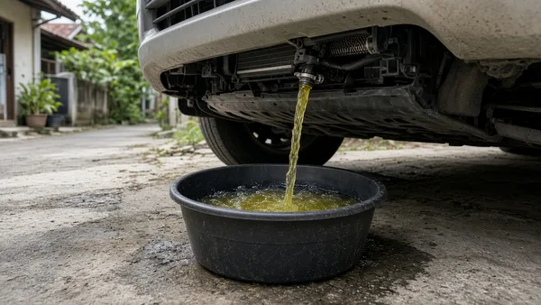 Foto coolant lama dikuras dari radiator ke dalam wadah penampung
