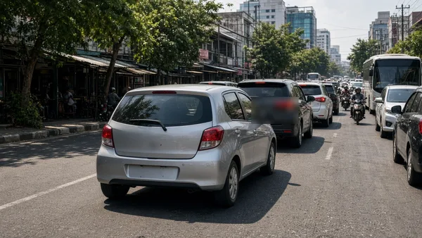 Foto city car di tengah kemacetan kota pada siang hari yang terik