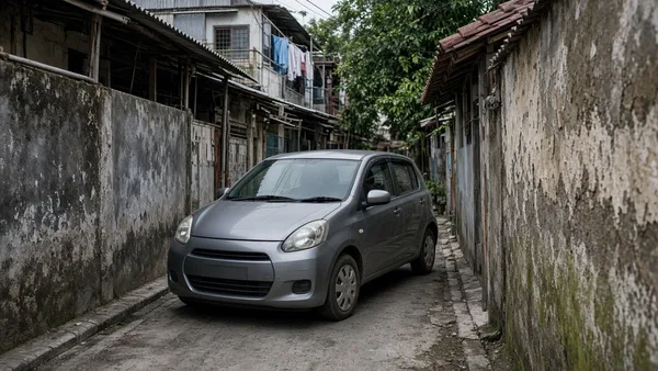 Foto city car parkir rapi di antara dua mobil di jalan sempit