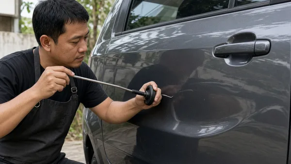Foto teknisi menggunakan lampu pantul untuk melihat penyok kecil di pintu mobil