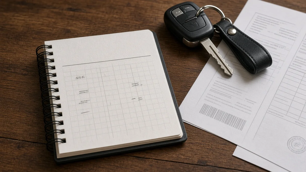 Foto buku catatan anggaran perawatan mobil di samping kunci mobil dan nota servis di atas meja