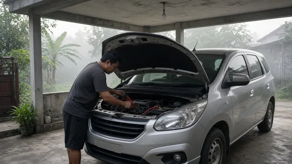 Foto mekanik memeriksa mesin MPV perak dengan kap terbuka di garasi rumah pada pagi berkabut