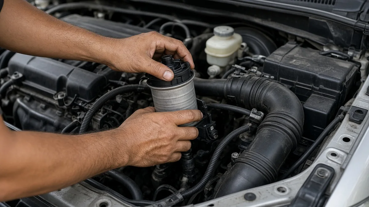 Foto tangan mekanik mengganti filter solar di ruang mesin diesel yang kompak