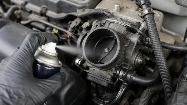 Foto close-up throttle body yang sedang dibersihkan di ruang mesin bensin