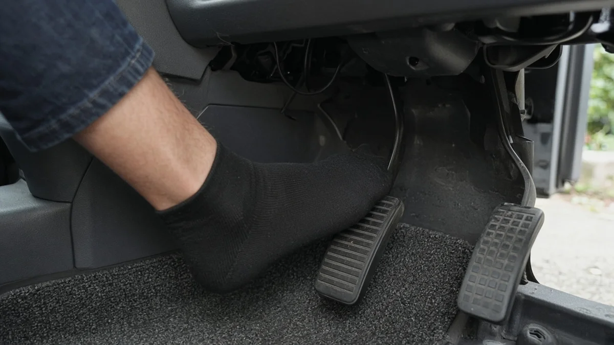 Foto kaki pengemudi menginjak pedal kopling di ruang kaki mobil kompak