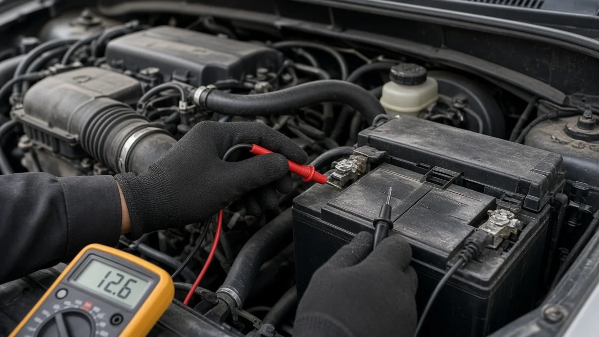 Foto multimeter mengukur tegangan aki pada mesin mobil kompak yang menyala