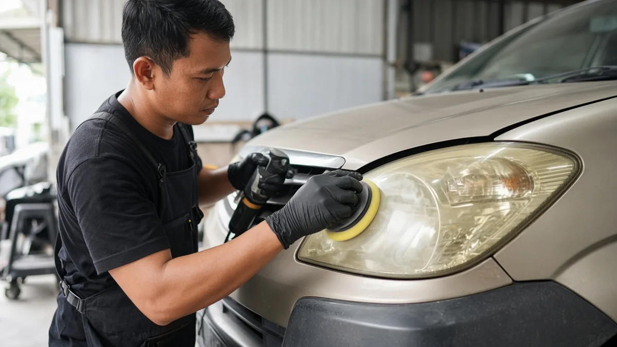 Foto detailer memoles mika lampu depan MPV kompak yang menguning
