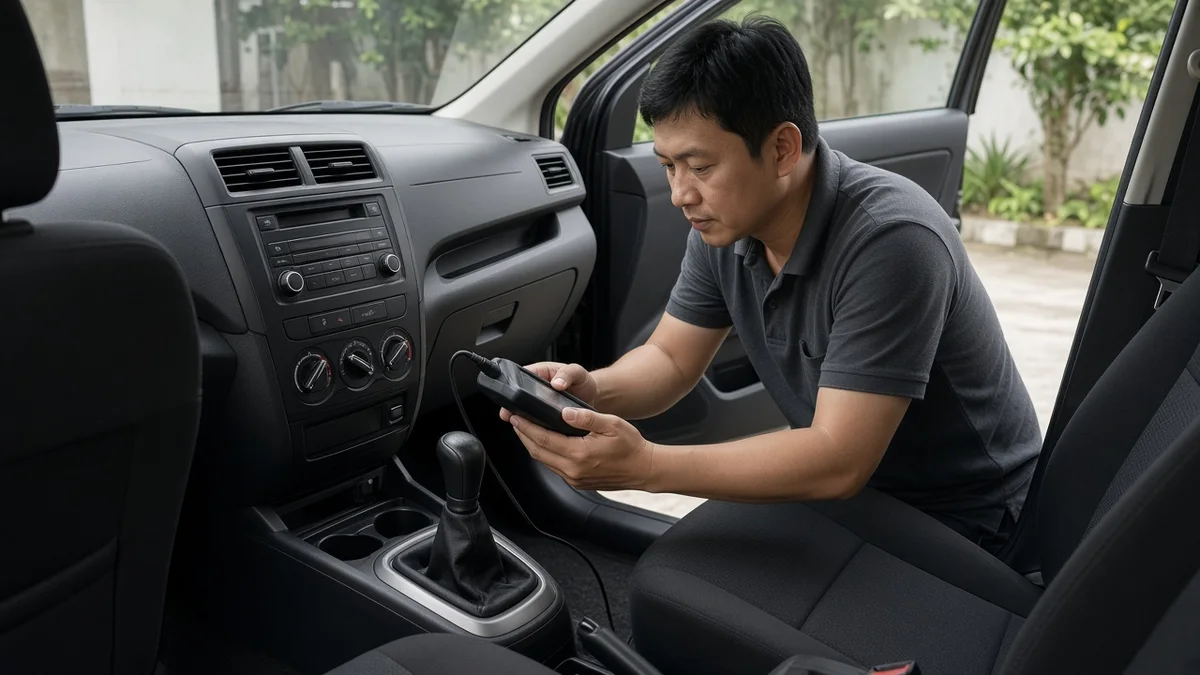Foto teknisi menghubungkan scanner diagnostik di kabin MPV kompak dekat tuas transmisi
